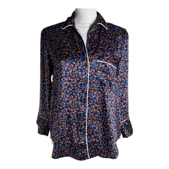 GAP Floral Satin Pajama Top Women’s Medium Navy Button Down Sleep Shirt - Picture 1 of 8